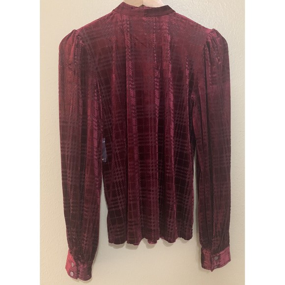 Mod Cloth Women’s Burgundy Velvet Tie-Neck Blouse Plaid Pattern Long Sleeve Sz S - Picture 3 of 4